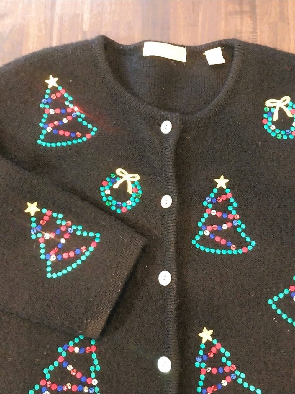Vintage Kate Hill Christmas Cardigan Sweater Womens L Black 100% Wool Embroidery